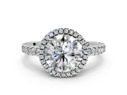 Accent Halo Engagement Ring Setting for Round Cut Center with Full-Length Pave Band and Prong Head in Platinum
