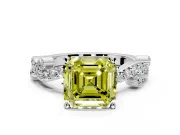 Solitaire Engagement Ring Setting for Fancy Yellow Asscher Cut Center with Bar-Station Pave Twist and Prong Head in White Gold