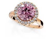 Halo Engagement Ring Setting for Fancy Pink Round Cut Center with Thin Plain Band and Prong Head in Rose Gold