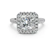 Halo Engagement Ring Setting for Princess Cut Center with Narrowing Pave Band and Prong Head in White Gold