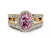 Halo Engagement Ring Setting for Fancy Pink Oval Center with Wide-Open Pave Split Shank and Prong Head in Yellow Gold