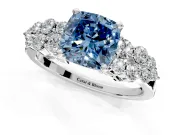 Cluster Engagement Ring Setting for Fancy Blue Cushion Cut Center with 2-Row Shoulder Clusters and Prong Head in Platinum