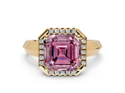 Halo Engagement Ring Setting for Fancy Pink Asscher Cut Center with Knife Ridge Cathedral Band and Prong Head in Yellow Gold