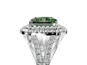 Double Halo Engagement Ring Setting for Fancy Green Radiant Cut Center with Narrow Pave Split Shank and Prong Head in White Gold