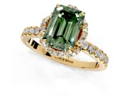 Halo Engagement Ring Setting for Fancy Green Emerald Cut Center with Openwork Halo, Pave Band and Prong Head in Yellow Gold