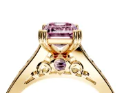Solitaire Engagement Ring Setting for Fancy Pink Emerald Cut Center with Channel Band and Double Claw Prong Head in Yellow Gold