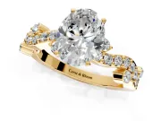 Solitaire Engagement Ring Setting for Oval Center with Bar-Station Pave Twist and Prong Head in Yellow Gold