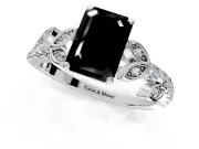 Leaf Motif Engagement Ring Setting for Fancy Black Emerald Cut Center with Pave Band and Prong Head in Sterling Silver