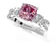3 Stone Engagement Ring Setting for Fancy Pink Cushion Cut Center with Pave Split Shank and Prong Head in Platinum