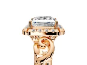 Halo Engagement Ring Setting for Princess Cut Center with Open Scroll Shoulders and Prong Head in Rose Gold