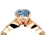 Solitaire Engagement Ring Setting for Fancy Blue Cushion Cut Center with Carved Leaf Shoulders and Prong Head in Rose Gold