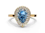 Halo Engagement Ring Setting for Fancy Blue Pear-Shaped Center with Plain Tapered Band and Prong Head in Yellow Gold