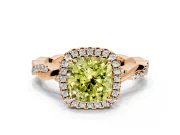 Halo Engagement Ring Setting for Fancy Yellow Cushion Cut Center with Pave and Plain Twist Band and Prong Head in Rose Gold