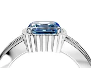 Halo Engagement Ring Setting for Fancy Blue Asscher Cut Center with Wide Band, Inlaid Accent Row and Prong Head in Sterling Silver