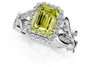 Halo Engagement Ring Setting for Fancy Yellow Emerald Cut Center with Leaf Motif Split Shank and Prong Head in Platinum