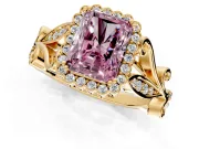 Halo Engagement Ring Setting for Fancy Pink Radiant Cut Center with Leaf Motif Split Shank and Prong Head in Yellow Gold