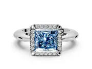 Halo Engagement Ring Setting for Fancy Blue Princess Cut Center with Tapered Plain Band and Prong Head in Platinum