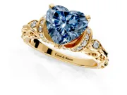 Solitaire Engagement Ring Setting for Fancy Blue Heart-Shaped Center with Filigree Band and Prong Head in Yellow Gold