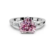 3 Stone Engagement Ring Setting for Fancy Pink Heart-Shaped Center with Baguette Accents and Prong Head in White Gold
