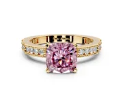 Solitaire Engagement Ring Setting for Fancy Pink Cushion Cut Center with Milgrain-Edged Pave Band and Prong Head in Yellow Gold