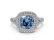 Double Halo Engagement Ring Setting for Fancy Blue Cushion Cut Center with Narrow Pave Split Shank and Prong Head in Platinum