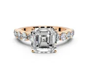 Shared-Prong Engagement Ring Setting for Asscher Cut Center with Graduated Accents and Prong Head in Rose Gold