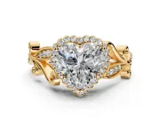 Halo Engagement Ring Setting for Heart-Shaped Center with Leaf Motif Split Shank and Prong Head in Yellow Gold