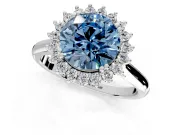 Starburst Halo Engagement Ring Setting for Fancy Blue Round Cut Center with Thin Round-Wire Band and Prong Head in White Gold