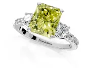 3 Stone Engagement Ring Setting for Fancy Yellow Radiant Cut Center with Round Cut Side Accents and Prong Head in White Gold