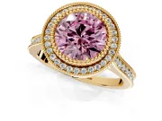 Halo Engagement Ring Setting for Fancy Pink Round Cut Center with Milgrain Frame, Pave Band and Prong Head in Yellow Gold