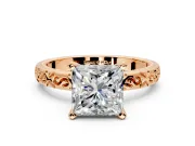 Solitaire Engagement Ring Setting for Princess Cut Center with Scrollwork Band and Prong Head in Rose Gold
