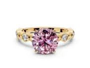 Solitaire Engagement Ring Setting for Fancy Pink Round Cut Center with Beaded Bezel Station Band and Prong Head in Yellow Gold