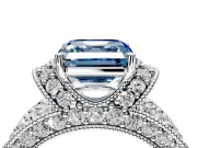 Pave Engagement Ring Setting for Fancy Blue Asscher Cut Center with Curved Accent Rows, Openwork and Prong Head in Platinum
