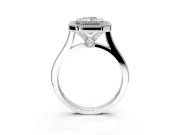 Halo Engagement Ring Setting for Radiant Cut Center with Milgrain Frame, Pave Band and Prong Head in White Gold