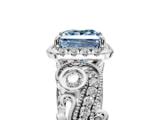 Bypass Halo Engagement Ring Setting for Fancy Blue Princess Cut Center with Bezel Accents, Milgrain and Prong Head in Platinum