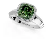 Halo Engagement Ring Setting for Fancy Green Cushion Cut Center with Knife Ridge Cathedral Band and Prong Head in White Gold