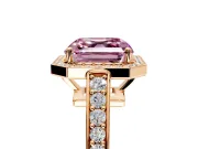Bezel-Framed Halo Engagement Ring Setting for Fancy Pink Asscher Cut Center with Pave Band and Prong Head in Rose Gold