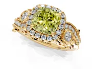 Milgrain Halo Engagement Ring Setting for Fancy Yellow Cushion Cut Center with Shoulder Bezels and Prong Head in Yellow Gold