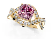 Halo Engagement Ring Setting for Fancy Pink Cushion Cut Center with Pave Infinity Twist Band and Prong Head in Yellow Gold