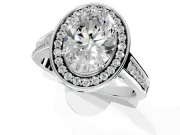 Halo Engagement Ring Setting for Oval Center with Outer Bezel Rim, Pave Band and Prong Head in Platinum