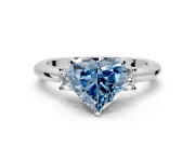 3 Stone Engagement Ring Setting for Fancy Blue Heart-Shaped Center with Wide Plain Band and Prong Head in Platinum
