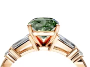 Bar-Set Engagement Ring Setting for Fancy Green Cushion Cut Center with Tapered Baguette Accents and Prong Head in Rose Gold