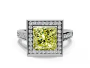 Halo Engagement Ring Setting for Fancy Yellow Princess Cut Center with Outer Bezel Rim, Pave Band and Prong Head in Platinum