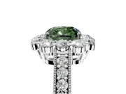 Halo Engagement Ring Setting for Fancy Green Cushion Cut Center with Milgrain Channel Band and Prong Head in Platinum