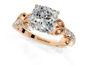 Leaf Motif Engagement Ring Setting for Cushion Cut Center with Pave Band and Prong Head in Rose Gold