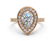 Halo Engagement Ring Setting for Pear-Shaped Center with Milgrain Pave Band and Bezel Head in Rose Gold