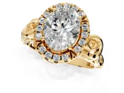 Halo Engagement Ring Setting for Oval Center with Open Scroll Shoulders and Prong Head in Yellow Gold
