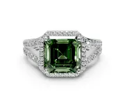 Halo Engagement Ring Setting for Fancy Green Asscher Cut Center with Narrow Pave Split Shank and Prong Head in White Gold