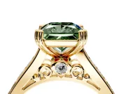 Solitaire Engagement Ring Setting for Fancy Green Princess Cut Center with Channel Band and Double Claw Prong Head in Yellow Gold