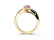 3 Stone Engagement Ring Setting for Fancy Pink Pear-Shaped Center with Tapered Baguettes, Plain Band and Prong Head in Yellow Gold